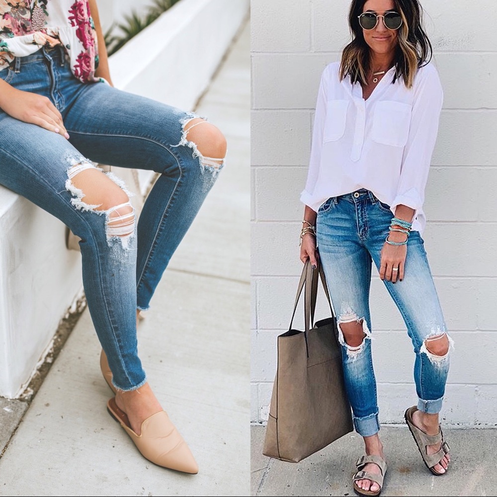 Distressed Denim Med Wash Ankle Skinny Jeans - Picture 2 of 10